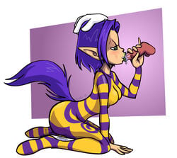 1boy 1boy1girl 1girls 5_fingers artist_name blowjob blush blushing bodily_fluids breasts cute dripping_pussy fairy fellatio female green_eyes green_lips green_lipstick hand_on_head hand_on_penis kneeling ly_(rayman) on_knees oral oral_sex penis pointy_ears purple_hair purple_tail pussy_juice rayman rayman_(series) sigu straight straight_sex tail video_games wet_pussy white_background