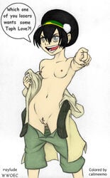 areolae athletic avatar_the_last_airbender bare_calves black_hair breasts callmeemo calves censored clothing color colored female female_focus female_only flat_chest human innie_pussy long_hair navel nipples open_pants pinup pointing pointing_at_viewer pubic_hair pussy raylude small_breasts solo speech_bubble standing straight_hair tagme tehwalrus_edits tied_hair toph_bei_fong topless trippy undressing vagina wwoec young