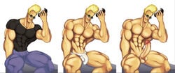 artist_request blonde_hair cartoon_network comb erection human johnny_bravo johnny_bravo_(series) male male_only muscles penis smile solo sunglasses tagme testicles