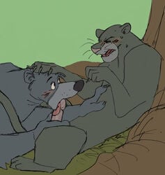 bagheera baloo bbcat bear black_fur blue_fur disney feline fellatio feral furry furry_only gay jungle male_only oral outdoors the_jungle_book