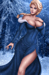 1girls artist_signature big_breasts big_thighs blonde_hair blue_dress blue_eyes breasts brown_eyebrows cleavage detailed_background disney dress elsa_(frozen) female female_only flowerxl frozen_(film) hand_on_chest large_breasts legs_out long_hair looking_at_another pale-skinned_female pinup ponytail princess purple_background purple_eyebrows slim_waist snow_flakes snowing solo tagme