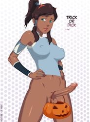 1futa avatar_legends avatar_the_last_airbender balls blue_eyes bottomless breasts clothing dark-skinned_futanari dark_skin demon_horns english_text erect_nipples erect_nipples_under_clothes erection futa_only futanari halloween highfive hourglass_figure human intersex intersex_only jack-o'-lantern korra large_breasts lipstick medium_breasts nipple_bulge penis solo solo_futa straight_hair testicles text the_avatar the_legend_of_korra trick_or_treat water_tribe