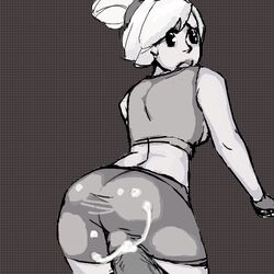 1girls battle_girl_(pokemon) battle_girl_(pokemon_dppt) clothes cum female human looking_back male monochrome npc_trainer penis pokemon pokemon_dppt straight