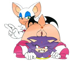 2006 2girls anthro anus ass bat blaze_the_cat breasts duo feline female female_only fur furry furry_only green_eyes jiky looking_at_viewer looking_back nipples plump_labia purple pussy red_eyes rouge_the_bat sega sonic_(series) tail what wings