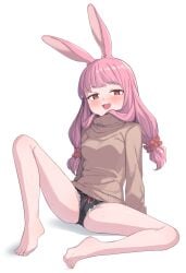 :d animal_ears bare_legs barefoot black_panties breasts brown_eyes brown_sweater feet female full_body hair_ornament hair_scrunchie heart heart-shaped_pupils highres light_blush long_hair long_sleeves medium_breasts naughty_face no_pants open_mouth original panties pink_hair pussy_juice rabbit_ears rabbit_girl red_scrunchie saiste scrunchie simple_background sitting smile solo spread_legs sweater symbol-shaped_pupils toes turtleneck turtleneck_sweater underwear white_background