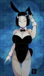 aburititi big_breasts black_hair bob_cut bowtie bunny_ears bunny_girl bunny_tail bunnysuit cleavage closed_eyes detached_collar female female_only fishnets genderswap_(mtf) kaneda_suekichi kengan_(series) kengan_ashura pale-skinned_female pale_skin rule_63 short_hair solo thigh_gap wrist_cuffs