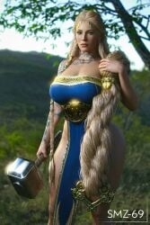 1girls 3d 3d_(artwork) aesir_(norse_mythology) ass big_ass big_breasts big_butt blonde_hair blue_dress blue_eyes braided_hair breasts cleavage clothed clothed_female dress female female_focus female_only fit fit_female front_view god_of_war god_of_war_ragnarok goddess hips hourglass_figure long_hair looking_at_viewer milf mjolnir mother muscular muscular_female mythology norse_mythology outdoors pinup realistic sif_(god_of_war) smz-69 solo tattoo tattooed_arm tattoos thick_lips thick_thighs thighs toned toned_female twitter_username wide_hips