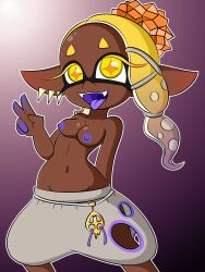 boobs dark-skinned_female dark_skin dreameclipsewolf dreamwolf frye_(splatoon) inkling nintendo no_bra no_shirt pants peace_sign small_breasts splatoon splatoon_3 tits yellow_hair