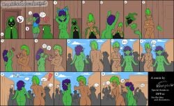 ass brown_skin caught_naked cloak comic covering covering_breasts covering_crotch covering_self crowd earrings embarrassed embarrassed_nude_female enf female goblin goblin_female green_hair green_skin human invisible invisible_girl mohawk nude potion public public_nudity purple_hair starlightx_lewd thief