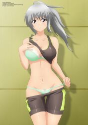 bra female gray_hair green_bra green_panties kanna_albeecht panties panty_pull red_eyes shorts_pull sports_bra sports_shorts sportswear topwear underwear undressing yukino_memories zel-sama