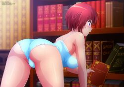 ass blue_shorts blue_top book female library naomi_kokoro panties panty_peek pink_panties red_hair shorts topwear yukino_memories zel-sama