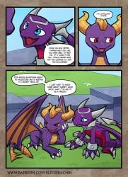 2d blitzdrachin blue_eyes comic cynder dialogue dragon duo female feral grass horns male open_mouth outdoors outside pink_body purple_body red_eyes reptile sky spyro spyro_the_dragon tail teeth tongue two_tone_body wings yellow_body