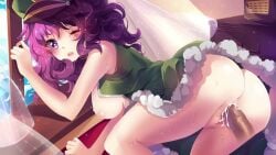 armor_blitz breasts cg cum cum_in_pussy cum_inside from_behind heart-shaped_pupils looking_at_viewer military_hat nutaku purple_eyes purple_hair pussy sex short_hair small_breasts squchan uncensored vaginal_penetration