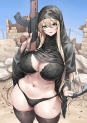 1girls bra desert female goddess_of_victory:_nikke gun highres hijab lingerie naidong panties rupee_(nikke) scarf selfie solo stockings weapon