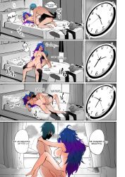 1boy 1girls areolae bed bedroom big_breasts blue_hair blush breast_grab breasts carrying carrying_partner clock closed_eyes comic dialogue english_text female female_on_top female_penetrated female_pubic_hair indie_virtual_youtuber indoors jinchiiichaaan light-skinned_female light-skinned_male light_skin lying lying_on_back lying_on_side male male/female male_penetrating marathon_sex masked_male missionary_position motion_lines multicolored_hair multiple_positions nipples on_back on_bed on_side one_eye_closed open_mouth panels penetration penis penis_in_pussy pillow pillow_grab pubic_hair purple_hair raku_(vtuber) reverse_cowgirl_position sex short_hair speech_bubble stand_and_carry_position standing_sex straight tagme text thighhighs time_lapse tissue_box upper_teeth vagina vaginal_penetration vaginal_sex virtual_youtuber wholesome