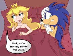 1boy 1girls after_sex bed bedroom blonde_hair blue_eyes burn cheating cheating_girlfriend crossover female funny green_eyes humor interspecies male mario_(series) premature_ejaculation premature_ejaculation_shaming princess_peach sonic_(series) sonic_the_hedgehog speech_bubble text unimpressed unknown_artist