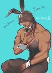 blue_background bowtie brown_hair brown_skin bunny_boy bunny_ears bunny_tail bunnysuit crossdressing dark-skinned_male dark_hair dark_skin detached_collar english_text gaolang_wongsawat kengan_(series) kengan_ashura long_hair long_hair_male male male_only muscular muscular_male pantyhose sitting solo ss_fanart sweatdrop uncomfortable wrist_cuffs