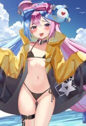 bangs bikini black_bikini blue_hair blush character_hair_ornament cloud collarbone commentary_request day dripping female hair_ornament highres iono_(pokemon) jacket multicolored_hair nintendo open_clothes open_jacket open_mouth outdoors pink_hair pokemon pokemon_(game) pokemon_sv purple_eyes pussy_juice raised_eyebrows sakutaishi shark_teeth sharp_teeth sky sleeves_past_fingers sleeves_past_wrists small_bikini small_breasts solo star_(symbol) star_print swimsuit teeth thigh_strap tongue tongue_out two-tone_hair upper_teeth yellow_jacket