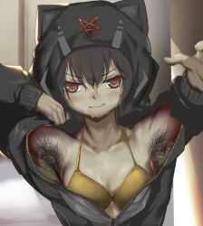 1girls armpit_hair armpits black_hair bra cat_ears female female_only flashing hairy_armpits heart-shaped_pupils hoodie jinsai_sa_sa medium_breasts musk musk_clouds no_shirt open_hoodie pentagram short_hair small_breasts smelly smelly_armpits solo steaming_body sweat unzipped unzipped_hoodie