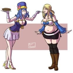 2girls artist_name axel-rosered big_belly blonde_hair breasts butt cake chubby chubby_female cleavage closed_eyes eating eating_food eating_pie fairy_tail fat fat_female fat_fetish fat_girl fat_woman female female_only gloves hat huge_butt juvia_lockser large_breasts larger_female long_hair lucy_heartfilia multiple_girls navel overweight overweight_female pie smile smiling teeth tongue twintails weight_gain white_gloves