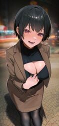 1girls absurd_res absurdres artist_name black_hair black_sweater blurry blurry_background blush blushing_at_viewer breasts brown_jacket brown_skirt cleavage cleavage_cutout clothing_cutout female female_focus female_only hi_res high_resolution highres jacket large_breasts light-skinned_female light_skin looking_at_viewer open_mouth original pantyhose red_eyes short_hair skirt smile solo solo_female solo_focus sooon standing sweater teeth turtleneck turtleneck_sweater