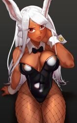 1girls abigbrother big_breasts black_bunnysuit breasts bunny_ears bunnysuit cleavage clothing female female_only fishnet fishnet_legwear fishnets hair hips huge_breasts latex long_hair miruko my_hero_academia neckwear red_eyes rumi_usagiyama shiny_clothes solo solo_female thighs tight_clothing white_hair