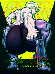 1girls big_ass blonde_hair bubble_butt cd_projekt_red cyberpunk:_edgerunners dorio_(edgerunners) female female_only gun huge_ass low-angle_view muscular muscular_female osanajimmy short_hair studio_trigger thick_thighs topless very_short_hair weapon