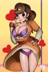 alternate_version_available bra brown_hair choker dress female female_only finger_on_cheek flora_reinhold hand_on_hip looking_at_viewer nintendo nxlotus panties ponytail professor_layton smiling_at_viewer