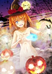 1boy absurdres bat_(animal) blush breasts church completely_nude female halloween hat highres hotohori_rushia lamp lamppost looking_at_viewer moon navel nude onsen original pubic_hair smile tattoo twintails witch witch_hat