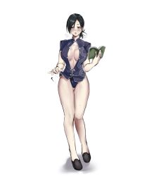 bare_legs big_breasts black_hair blush book breath chinese_clothes cleavage female female_only full_body genderswap_(mtf) kengan_(series) kengan_omega laksi_kaaaaa liu_dongcheng no_bra open_mouth open_shirt ponytail reading rule_63 solo standing sweat thigh_gap unbuttoned_shirt wide_hips