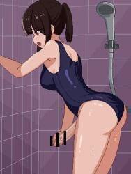 1futa 2d 2d_animation against_wall animated ass bar_censor big_penis blue_one-piece_swimsuit blush blush_lines breasts brown_eyes brown_hair censored clothed clothing cowboy_shot cum duke_shiwa ejaculation erection from_side futa_only futanari futanari_masturbation human large_breasts large_penis leaning_forward light-skinned_futanari light_skin long_hair lowres masturbation medium_breasts mostly_clothed mp4 no_sound one-piece_swimsuit open_mouth orgasm original penis pixel_animation pixel_art ponytail school_swimsuit shiwa_kou shorter_than_10_seconds shower_(place) shower_head solo solo_futa standing swimsuit thighs tile_floor tile_wall tiles tongue tongue_out ugoira video video_games