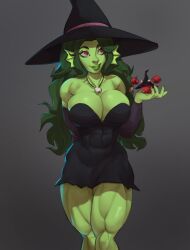 1girls abs abs_visible_through_clothing arm_sleeves big_breasts commission dlusional female female_abs female_only fins green_hair green_skin halloween hi_res humanoid long_hair marine marine_humanoid muscular muscular_female muscular_thighs necklace red_eyes solo solo_female witch witch_costume witch_hat