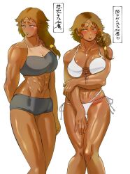 arm_under_breasts bikini blush braided_hair brown_hair brown_skin circlet cleavage dark-skinned_female dark_skin female female_only gaolang_wongsawat genderswap_(mtf) grey_bikini jewelry kengan_(series) kengan_ashura kirisakuahoge1 long_hair looking_away low_ponytail multiple_scenes muscular muscular_female necklace rule_63 side-tie_bikini solo swimsuit thigh_gap tied_hair white_bikini wide_hips