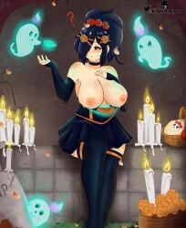 big_breasts black_hair cute day_of_the_dead dia_de_los_muertos feliz_cuervo mictli orange_nipples white_eyes yellow_skin