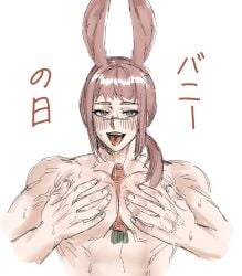 ambush_(trap) big_pecs bunny_ears carrot colored_sketch drooling facial_scar fist_of_the_seeker green_eyes heart-shaped_pupils kemonomimi kengan_(series) kengan_ashura kengan_omega kureishi_mitsuyo laksi_kaaaaa long_hair long_hair_male looking_at_viewer male male_only muscular muscular_male open_mouth pecjob pecs pink_hair ponytail rabbit_ears sexually_suggestive sketch smile solo tongue_out upper_body