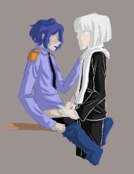 blue_hair blush closed_eyes clothed danganronpa danganronpa_another fanganronpa handjob holding_onto_partner kinjo_tsurugi on_desk remake straight_hair uehara_kinji white_hair yaoi