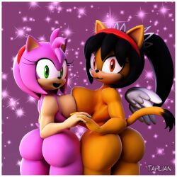 2girls 3d 3d_(artwork) amber_eyes amy_rose angel_wings artist_name ass big_ass big_breasts black_hair breast_squeeze breasts cat cat_ears catgirl feline furry green_eyes hand_holding headband hedgehog honey_the_cat looking_at_viewer orange_fur pink_background pink_fur pink_hair sega short_hair simple_background sonic_(series) sonic_the_fighters sparkles tahlian twintails