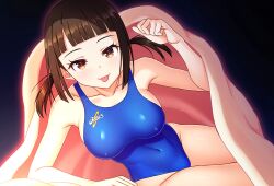 1girls asics blanket brown_eyes brown_hair cameltoe competition_swimsuit highleg highleg_leotard kuri_(kurigohan) large_breasts looking_at_viewer nipple_bulge nipples_visible_through_clothing one-piece_swimsuit original petite petite_body pov short_hair sideboob smaller_female thick_thighs tied_hair tight_clothing tight_fit tongue_out twintails under_covers