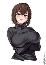 arms_under_breasts bangs black_sweater blush breasts brown_eyes brown_hair crossed_arms ebifurya female hair_between_eyes hair_intakes highres hyuuga_(kantai_collection) kantai_collection large_breasts long_sleeves looking_at_viewer mature_female milf one-hour_drawing_challenge parted_lips ribbed_sweater short_hair simple_background sleeves_past_wrists smile solo sweater turtleneck turtleneck_sweater twitter_username upper_body white_background