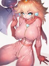 1girls axe blonde_hair blue_eyes bodysuit breasts female female_only fully_clothed fumio_(rsqkr) holding_object huge_breasts large_breasts light-skinned_female light_skin long_hair looking_at_viewer mario_(series) nintendo princess_peach sitting slim_waist solo super_mario_bros._(2023_film) thick_thighs weapon wide_hips