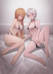 2girls absurd_res absurdres alternate_eye_color barefoot bed bed_sheet bedroom belly belly_button big_breasts bikini black_bikini blonde_hair blush blush_lines blushing_at_viewer breasts covering covering_crotch feet female female_focus female_only full_body grin hi_res high_resolution highres knee_up large_breasts leaning_back leaning_to_the_side light-skinned_female light_skin long_hair looking_at_viewer micro_bikini multiple_girls nakiri_alice nakiri_erina navel nipple_slip nipples parted_lips raised_eyebrows red_eyes shiny shiny_clothes shiny_hair shiny_skin shokugeki_no_souma short_hair side-tie_bikini_bottom simple_background sitting smile sooon stomach swimsuit thighs toes untied untied_bikini white_background white_hair