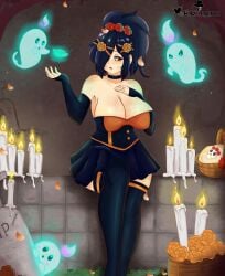 big_breasts black_hair cute day_of_the_dead dia_de_los_muertos feliz_cuervo mictli white_eyes yellow_skin