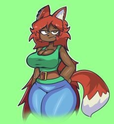 ass big_breasts brown_eyes dark-skinned_female fangs fox_ears fox_girl fox_tail hips jeans long_hair looking_at_viewer red_hair sketchylimesliv terraria thick_thighs zoologist_(terraria)