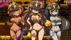 3girls blue_streak breasts brown_hair cleavage dancer_shantae detour_(shady_lewd_kart) female_only green_eye green_eyes grey_hair hair_covering_eyes harem_outfit long_hair metal_bikini multiple_girls navel niyuyu ponytail red_eye rpr_(character) rpr_(character)_(female) rprsonic shady_lewd_kart shantae shantae_and_the_pirate's_curse silvie_(shady_lewd_kart) slave_bikini smooth_skin snake_tiara three_eyes yellow_eye yellow_striped_hair