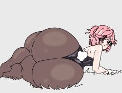 1girls ass ass_focus big_ass big_butt blush bunny_tail bunnysuit clothed clothing dat_ass doki_doki_literature_club fat_ass female female_only grey_background huge_ass inakotho large_ass looking_at_viewer looking_back lying lying_on_side natsuki_(doki_doki_literature_club) pink_eyes pink_hair pout short_hair simple_background solo solo_female thick_thighs wide_hips