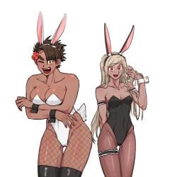 2girls arm_under_breasts armbands big_breasts black_leotard black_thighhighs blonde_hair braid brown_hair brown_skin bunny_ears bunny_girl bunny_tail bunnysuit cleavage dark_hair facial_scar female female_only fishnets flower_in_hair garter genderswap_(mtf) highleg_leotard katahara_sayaka kengan_(series) kengan_ashura kg_hogu long_hair open_mouth red_eyes rule_63 short_hair small_breasts smile tan_skin thick_eyebrows thigh_gap thighhighs tomboy very_short_hair white_leotard wide_hips wink wrist_cuffs yellow_eyes yoroizuka_saw_paing