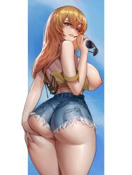 1girls ass big_ass big_breasts breasts chinese_girl daisy_dukes dat_ass female female_only grabbing_own_ass joy_(shenmue) long_hair looking_at_viewer nipples orange_hair sayanestia shenmue shenmue_the_animation shorts sideboob solo sunglasses thick_thighs