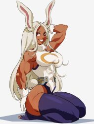 1girls 2022 bunny_ears bunny_tail dark-skinned_female dark_skin dlusional female female_only fully_clothed gloves hand_behind_head hi_res kneeling legwear leotard long_hair looking_at_viewer miruko my_hero_academia red_eyes rumi_usagiyama smiling smiling_at_viewer solo teeth_showing thick_thighs white_background white_hair