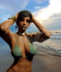 1girls 3d abdomen abs beach belly_button bikini black_hair blizzard_entertainment closed_eyes clouds collar daytime dripping_wet earrings egyptian elbow eyebrows eyeshadow gold_jewelry green_lipstick holding_head lips lipstick makeup overwatch overwatch_2 pharah posing short_hair six_pack squidmelon strong_woman swimsuit water waves wet_skin