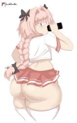 1boy ass astolfo_(fate) big_ass big_butt butt clothed clothing drinking fate/apocrypha fate_(series) femboy large_ass lewddoodler long_hair looking_at_viewer looking_back male male_only miniskirt monster_can pink_eyes pink_hair ponytail school_uniform simple_background skirt solo standing thick_thighs thighhighs white_background wide_hips